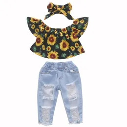 Yaz Yeni Yürüyor Çocuk Bebek Kız Giysileri Kapalı Omuz Ayçiçeği Gömlek Tops + Delik Denim Pantolon + Kafa Kıyafetleri 1- LJ201223