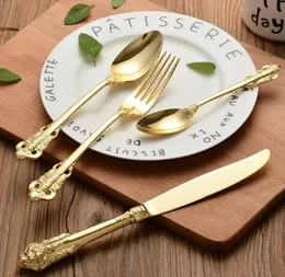 Vintage Western Gold Plated Dinnerware Dinner Fork Kniv Ställ Golden Bestick Set Rostfritt Stål 4 Pieces