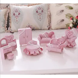 Smycken Box Förvaringshållare Design Pearl Lace Pink Velvet Cloth Art European Koreansk högkvalitativ möbel Soffa Mini Simulering