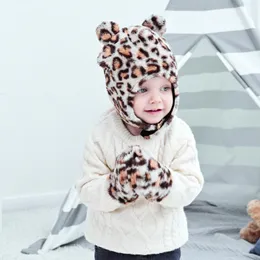 Nowa Jesienna Zima Ciepła Baby Leopard Pluszowa Kapelusz Pościski Set Dziecko Dzieci Nauszniki Kapelusze Beanie Rękawiczki Kids Hat + Rękawiczki 2 sztuk / Set