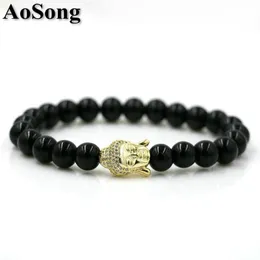 BPPCCR 8mm Onyx stone Gold-color Shiny CZ Buddha head Men Chakra Energy Yoga Bracelets Lucky Pulseira Anil Arjandas