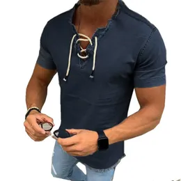 Fashion Denim Shirt Men Fit Slim Jeans Shirt Short Sleeve V-neck Shirts Casual Lace Up Blouse Top Tee Summer Camisa Masculina C1210