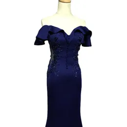 Evening Dresses Marinho noite fora do ombro longo sereiafesta grânulo apliques azul formal plissado mangas curtas botões vestido feminino