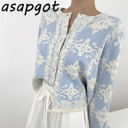 Asapgot Lose Blau O Neck Einreiher Strickjacke Pullover Mantel Stickerei Floral Süße Chic Mode Retro Lazy Sanfte Wild 201128