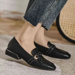 Dress Shoes Sapatos femininos mocassins de costura salto baixo casuais primavera bico quadrado sapatos baixos com fivela sapatos pretos oxford 89 220309