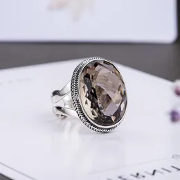 Authentische Silber 925 Ringe übertrieben Rauchquarz Facettierte Ring Frauen Natursteinöffnung Typ Fine Jewellery Y1128