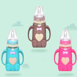 Hot Infant Baby Cute Feeding Glass Bottle Safe Silicone Milk Bottle With Handle Soft Mouth Newborn Drink Training Feeding Bottle LJ200831