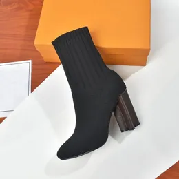 autumn winter socks heeled heel boots fashion sexy Knitted elastic boot designer Alphabetic pointed women shoes lady Letter Thick high heels Large size 37-42 us4-us11