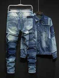 Persönlichkeit Blue 2pcs Herren Jeans Sets gemischte Farben Spleiß losen Jeans Zwei -Stück -Set Langschläre Single Breaced -Jacken und Hosen in voller Länge