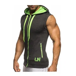 Men's Sleeveless Sports Hoodie Gym Slim Vest Gilet Fitness Hooded Sweatshirts Full Zipper Coat Fashion Hit Color Stitching LJ201217