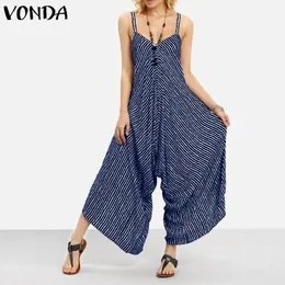 Plus Size Combinaison Femme Stripe Overalls Women Jumpsuits VONDA Backless Rompers Playsuit Female Harem Pants Pantalon 5XL Y200904