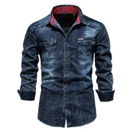 Aiopeson 100% bawełna Slim Fit Dżinsowe Koszule Mężczyźni Casual Solid Color Długi Rękaw Dżinsy Jesienna Moda na 220309