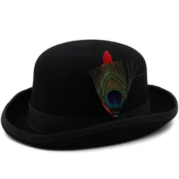 100% Wool Bowler Hat with Feather Band Autumn Winter Men Women Roll Brim Fedora Hats Lady Elegant British Party Top Hat