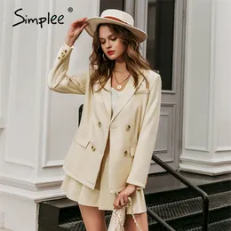 Simplee Casual Single Button Solid Blazer 여성 세트 중반 허리 A 라인 스커트 두 조각 세트 패션 여성 2 조각 치마 세트 200922
