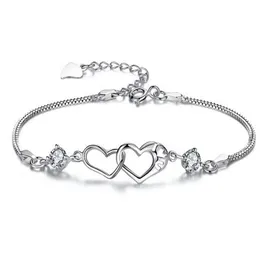 Dubbel hjärta Twine Charms Armband Vit Kristall Armband Bangles För Kvinnor Silver Färgpläterade Smycken Bileklik Pulseira