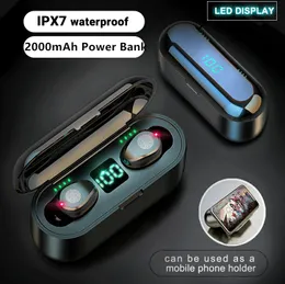 F9 TWS Bezprzewodowe słuchawki Bluetooth Zestaw słuchawkowy z 2000mAh Etui ładujące Power Bank Słuchawki Sport Touch Mini Słuchawki douszne Stereo Bass