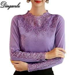 DINGAOZLZ M-4XL Roupas de Outono Novo Plus Size Mulheres Camiseta Slim Longa-mangas Lace Tops Patchwork Lady Shirt 20115