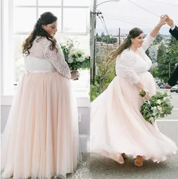 Plus Size Blush Pink Wedding Dresses 2021 Lace Long Sleeve Top V-Neck Floor Length Spring Bridal Gowns Buttons Back Bow Vestidos de novia