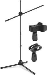 InnoGear Microphone Stand, Upgraded Mic Stand with Dual Mic Clip Holders Heavy Metal Base Adjustable Collapsible Tripod Boom Stands