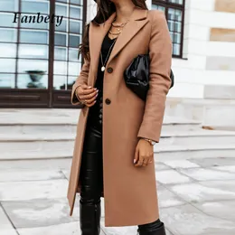 2020 Zarif Sonbahar Kış Katı Yün Palto Moda Turn-down Yaka Kadın Sıcak Ceket Rahat Tek Göğüslü Uzun Dış Giyim Mujer LJ201109