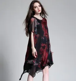 6166# New Summer Women European Fashion Style Dress Round Collar Short Sleeve Printing Irregular Loose Chiffon Casual Dress Coffee/Red XL XXL