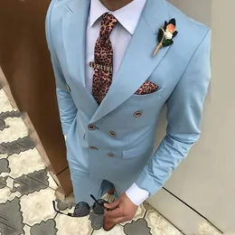 Podwójne Breasted Groomsmen Peak Lapel Groom Tuxedos Light Blue Men Suits Wedding / Prom / obiad Best Man Blazer (kurtka + spodnie + krawat) K924