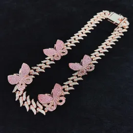 Partihandel 18K guldpläterad CZ Zircon Diamant Trendy Rose Gold Butterfly Cuban Link Necklace Pendant Hip Hop