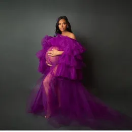 Purple See Through Women Prom Dress Off Shoulder Tulle Ruffles Pregnant Photo Shoot Evening Dresses Plus Size Party Gown Puffy Sleeves