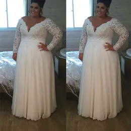 2021 Brautkleider in Übergröße mit langen Ärmeln, Spitze, V-Ausschnitt, Chiffon, bodenlang, nach Maß, Land-Hochzeitskleid, Vestidos de Novia