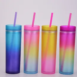 450ml Gradient Färg Tumbler med sugrör sommarfest drycker kopp återanvändbar plastskinny tumblers