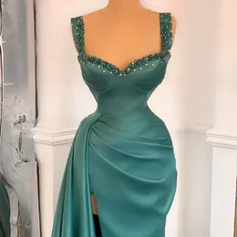 Prisvärd Green Prom Dress Mermaid 2021 Spaghetti Straps Satin Formal Evening Party Gowns Side Split Robe de Soirée