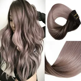 Högkvalitativt Ombre Clip In Human Hair Extensions # 1b / 18 Ash Blond Balayage Dubbelväftklämma på hårförlängning Fullständig huvud 8st / 120g