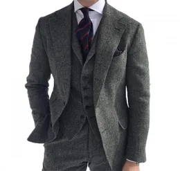 Rustic Dark Grey Wedding Tuxedos Wool Herringbone Tweed Slim Fit Men's Suit Jacket Vest Pants Farm Prom Groom Attire Plu184z