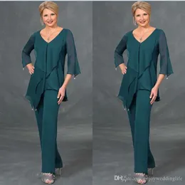 Dark Green Chiffon Mother Of The Bride Suits Pants V Neck Long Sleeves Plus Size Floor Length Mothers Suits Formal Dress Evening Gowns