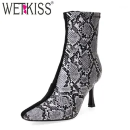 WETKISS Snake Skin Boots Women Sexy Ankle Boots Square Toe Shoes Female Party High Heels Shoes Ladies Winter 2020 Plus Size 431