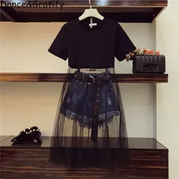 Novo 2020 Verão Mulheres 2 Peças Jeans Set Meninas Mesh Algodão Retalhamento Vestido e Denim Shorts Chic Calças Terno Faux Leather Belt T200701