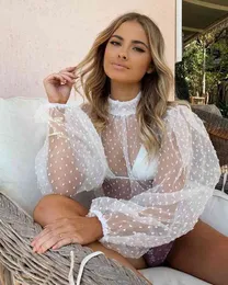 Sommar Sexiga Kvinnor Polka Dot Mesh Sheer See-Through Toppar Bikini Cover-Ups Puff Långärmad Toppar Blusströja Beachwear Loose Top H1230