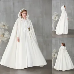 Billig vinter varm elfenben sammet bröllop hooded cloak bridal cape med huva coat robe skräddarsydda cosplay wraps