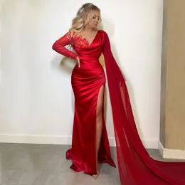 Red Mermaid Long Sleeves Prom Dresses Sheer Bateau Neck Beaded Side Split Evening Gowns Sequined Satin Sweep Train Formal Dress