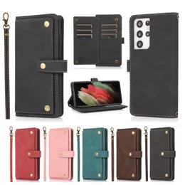 Samsung Galaxy S22 S21 S20 Note20 Ultra Note10 Plus Multifunction Calfskin Grain PU Leather Flip Kickstand Caber Case with Hand Strapのウォレット電話ケース