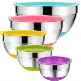 5 Pieces Stainless Steel Mixing Bowls 18/20/22/24/26cm Diameter Metal Nesting Bowls with Colorful Airtight Lids Non-Slip Bottoms 201023