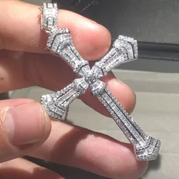 Original Big 925 Sterling Silver Utsökt Bibeln Jesus Cross Pendant Halsband för Kvinnor Crucifix Charm Pave Square Simulated Diamond Smycken