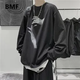 Spadek Z Długim Rękawem T-Shirt Moda Loose Ulzzang Drukuj Topy Hip Hop Oversized T Koszulki Mężczyźni Odzież Koreański Styl Odzież 220309