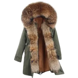 Lavelache Nowy Prawdziwy Futro Kobiety Długa Kurtka Zimowa Plus Size Natural Raccoon Fur Collar Luksusowy Parka Odpinany 201212