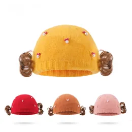 Höst och vinter varma baby hattar härlig pärla peruk stickad hatt prinsessa peruk hatt en barn hatt tjej lämplig i 1-3 år gammal