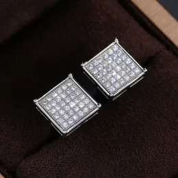 Hip Hop Men Silver Color Screw Back Earrings Shining CZ Cubic Zirconia Stone Square Stud Earrings for Men Women Bling Earrings Jewelry