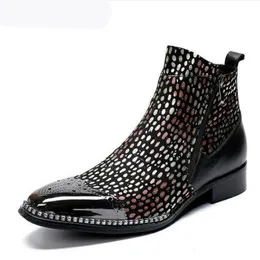 Punk Style Luksusowe Oxford Mężczyźni Krótkie Buty Prawdziwej Skóry Paillette Cowboy Buty NightClub Mężczyźni Wysoka Pomoc Party Work Boots