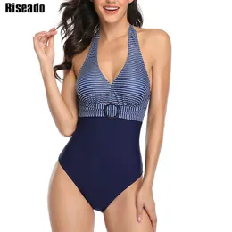 Riseado Vintage Einteilige Badeanzüge Gestreiften Druck Bademode Weibliche 2020 Halter Badeanzüge Frauen Gürtel Strand Schwimmen Tragen T200708