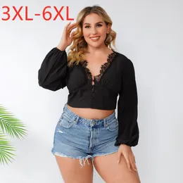 女性のブラウスシャツ2022春の夏のプラスサイズのクロップトップのための女性のための大きいブラウス長袖スリムレースブラックVネックショートシャツ3xl 4x