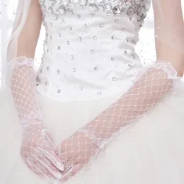 Unique Fishnet Bridal Gloves Transparent Women Lace Long Full Finger Wedding Accessories White Red Elbow Length Female Gloves AL8357